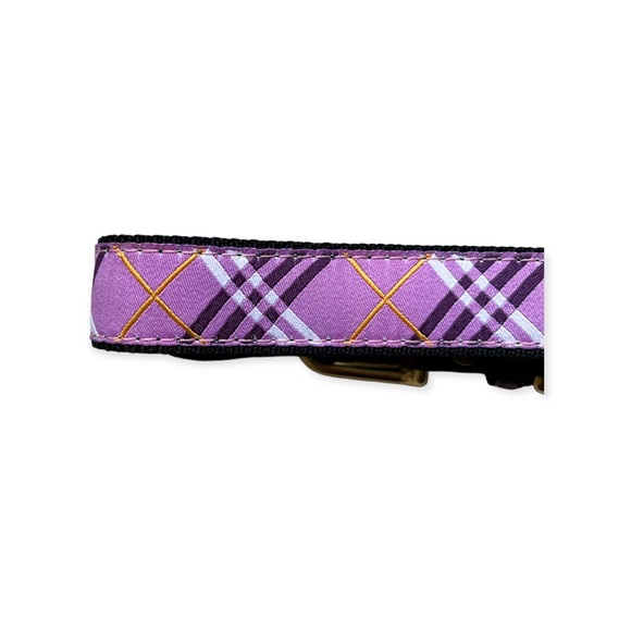 Auburn Pink Tartan Plaid Ribbon and Leather Dog Collar, sz 26” - Picture 5 of 8
